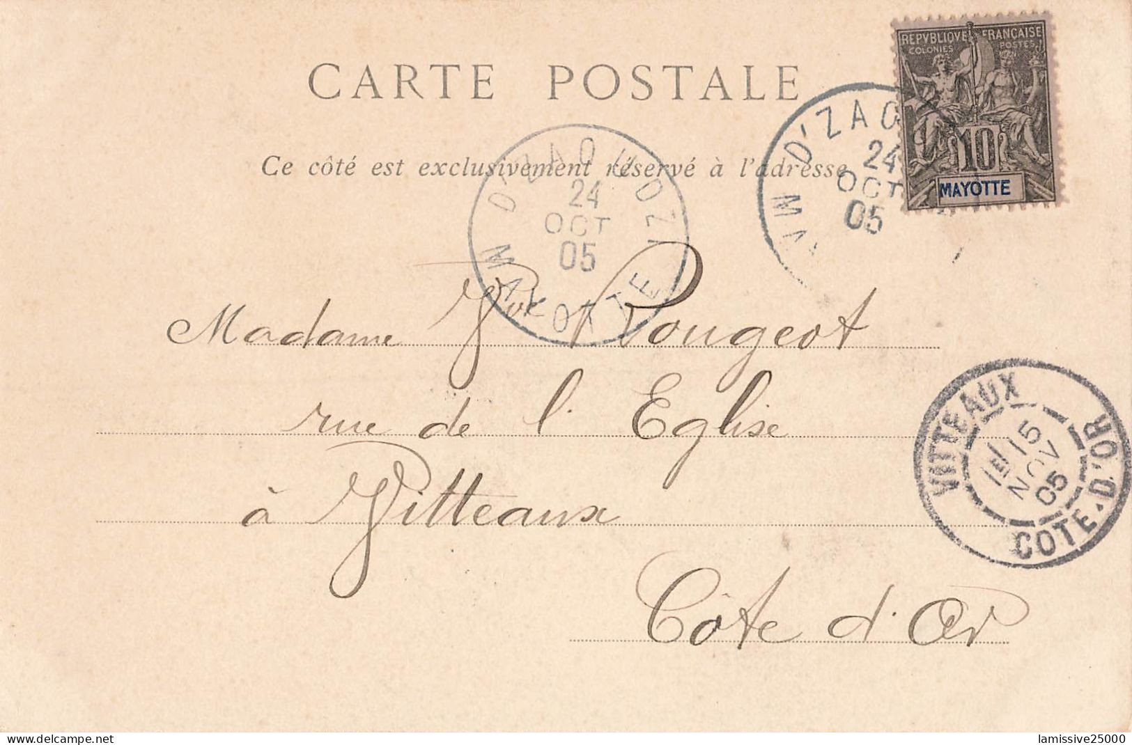 MAYOTTE Carte Postale De D'ZAOUZI Du 24 / 10 /1905 - Lettres & Documents