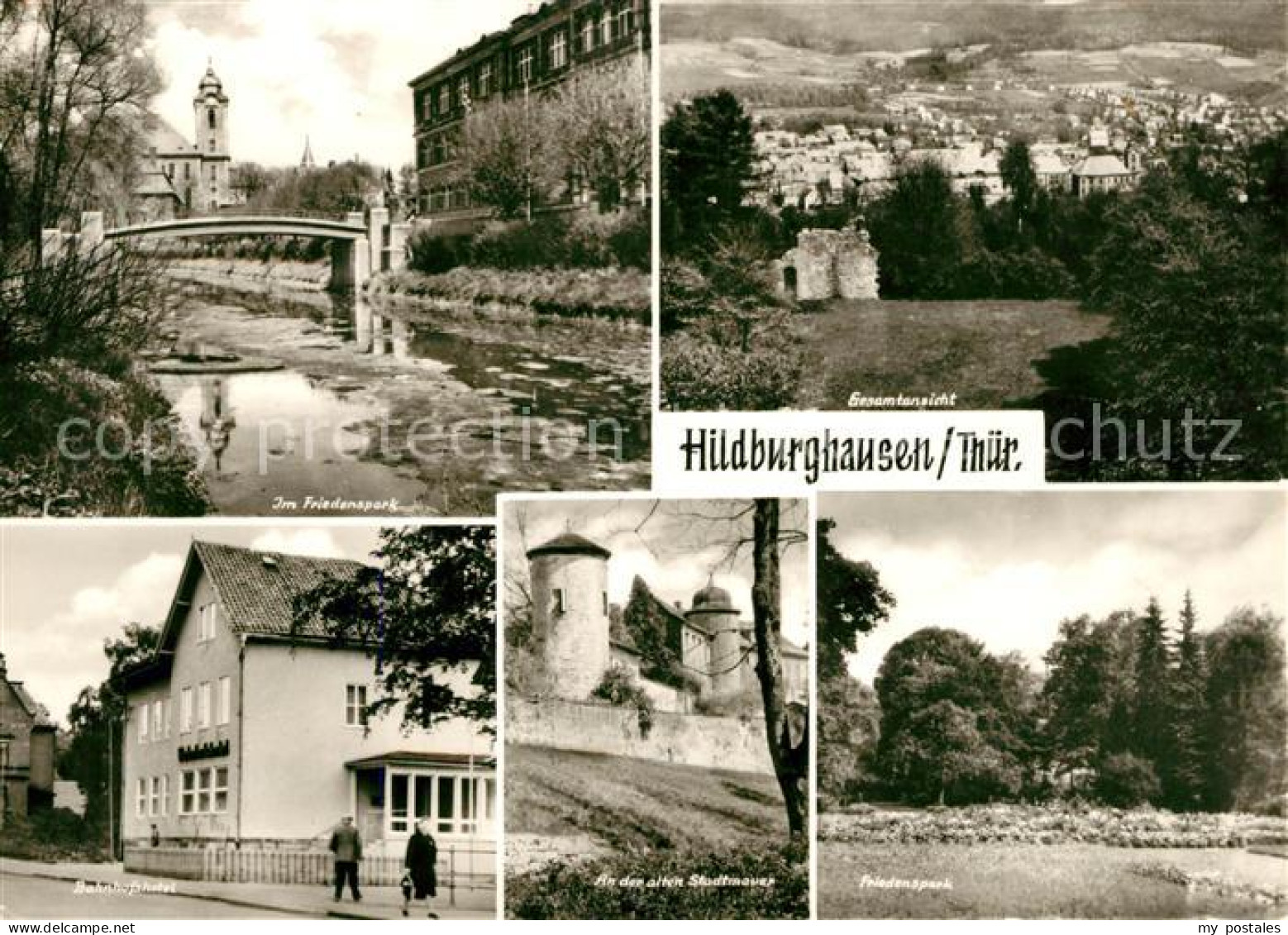 73082854 Hildburghausen Friedenspark Bahnhofshotel Stadtmauer Burg Gesamtansicht - Hildburghausen