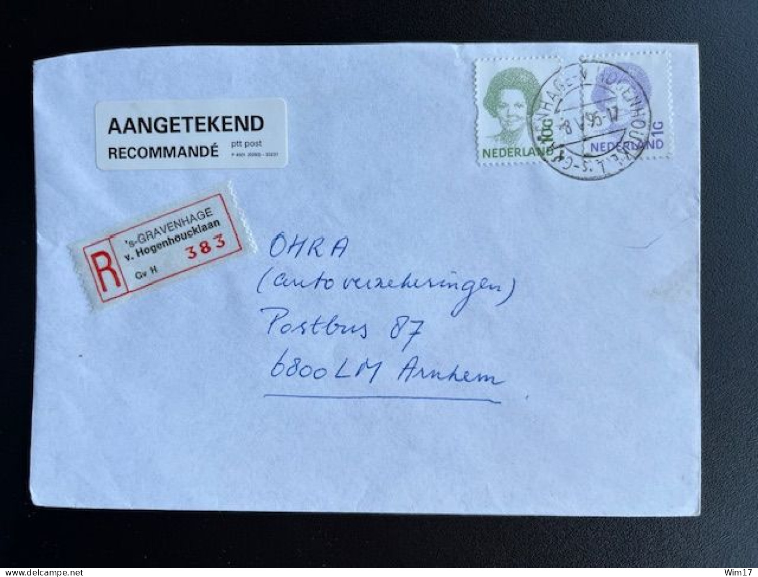 NETHERLANDS 1995 REGISTERED LETTER 'S GRAVENHAGE V. HOGENHOUCKLAAN TO ARNHEM 08-05-1995 NEDERLAND AANGETEKEND - Brieven En Documenten