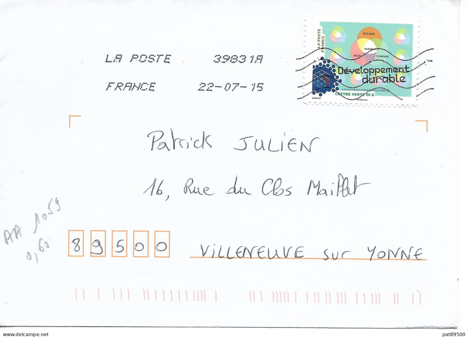 France 2014 - AA 1059 - Oblitéré S/enveloppe  07/2015 / DEVELOPPEMENT DURABLE - Covers & Documents