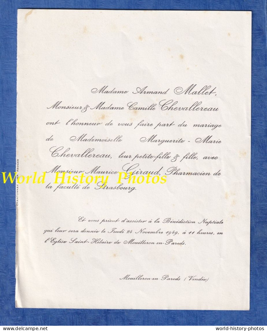 Faire Part De Mariage - 1849 - MOUILLERON En PAREDS - Marguerite Marie CHEVALLEREAU Et Maurice GIRAUD Pharmacien - Huwelijksaankondigingen