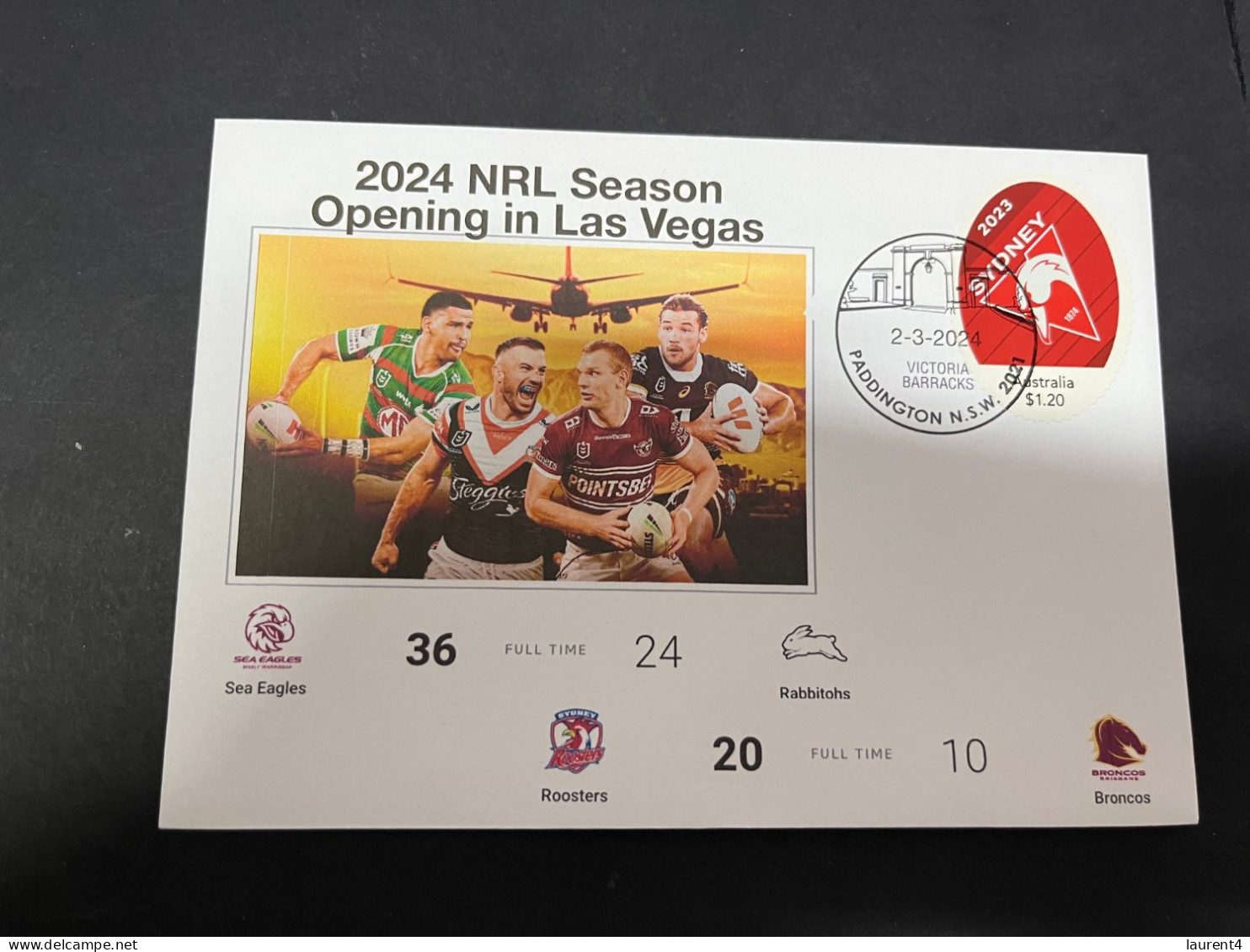 4-3-2024 (2 Y 7) Australia - NRL 2024 Season Begin In Las Vegas (Sea Eagles, Rabbitohs, Roosters & Broncos) - Lettres & Documents