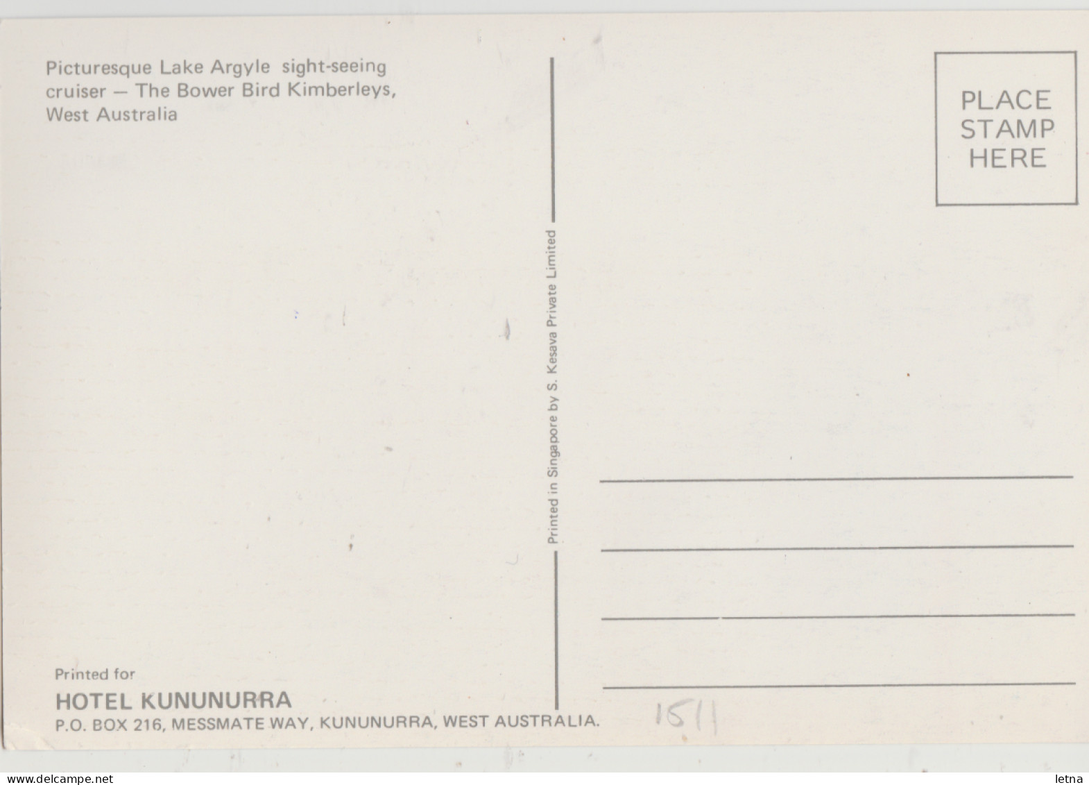 WESTERN AUSTRALIA WA Bower Bird Cruise Boat LAKE ARGYLE Hotel Kununurra Postcard C1970s - Other & Unclassified