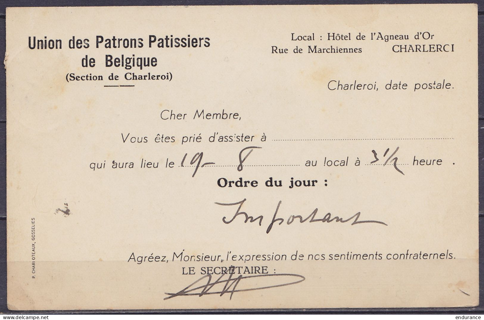 CP "Union Des Patrons Patissiers" Affr. N°420 Càd GOSSELIES /16 VIII 1940 Pour THUIN, Réexpédiée "Retour Charleroi" Car  - WW II (Covers & Documents)