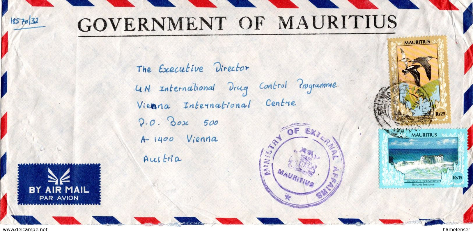L75567 - Mauritius - 1997 - Rs.25 Zugvoegel (Mgl) MiF A DienstLpBf PORT LOUIS -> UNO Wien - Mauritius (1968-...)