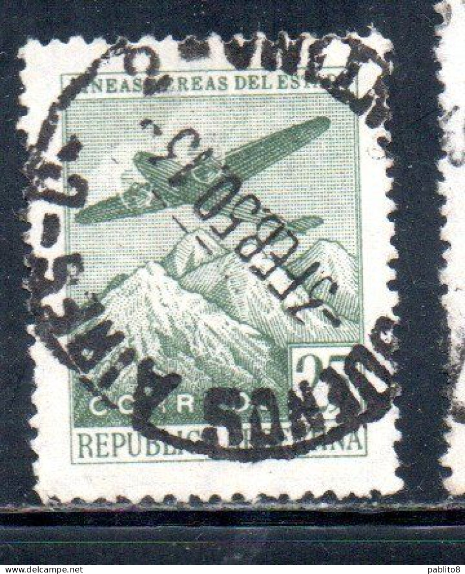 ARGENTINA 1946 AIR MAIL POSTA AEREA CORREO AEREO PLANE OVER THE ANDES CENT. 25c USATO USED OBLITERE' - Luftpost
