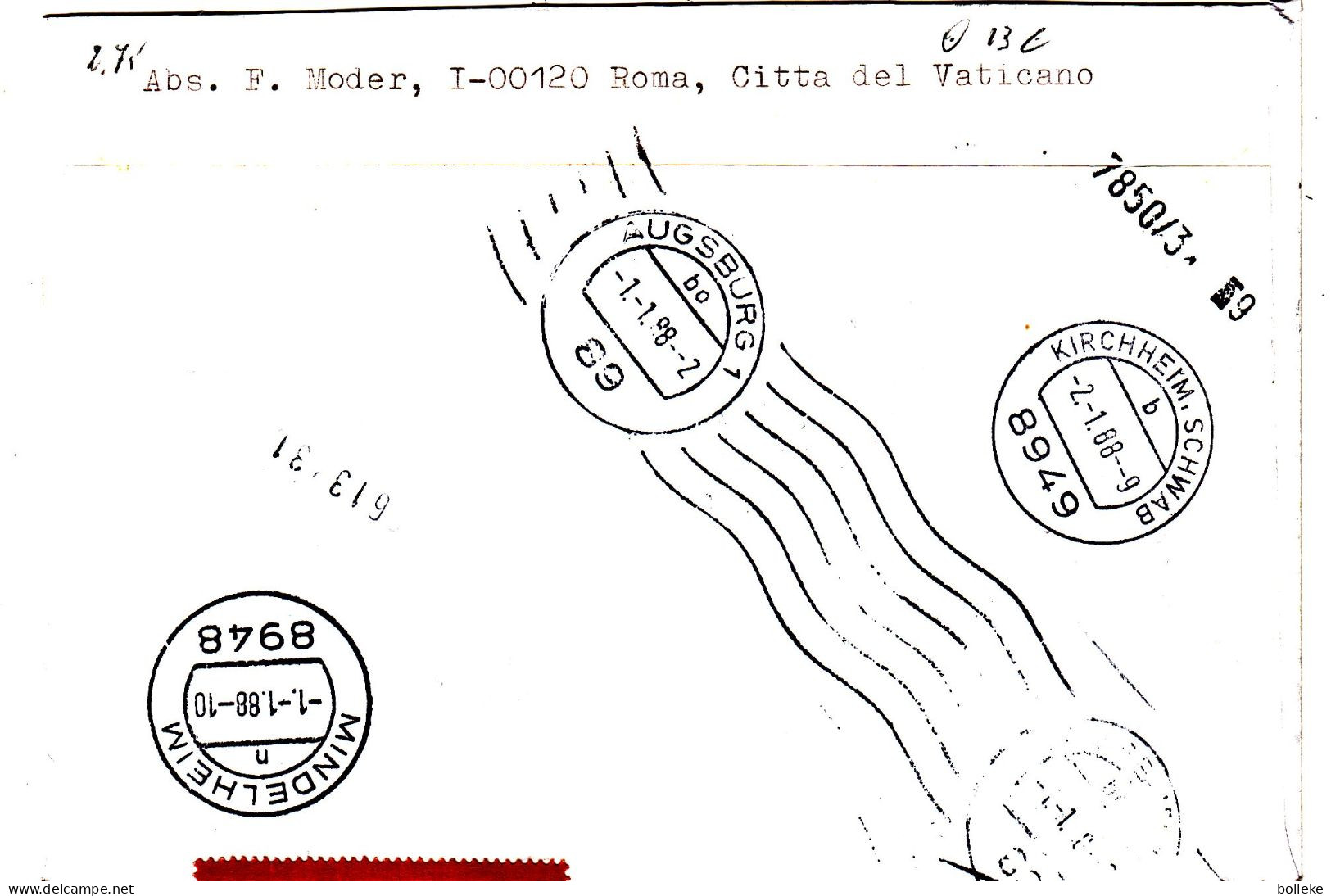 Vatican - Lettre Exprès De 1987 - Oblit Poste Vaticane - Exp Vers Kirchheim - Cachet Augsburg Et Middelheim - Valeur 13€ - Lettres & Documents