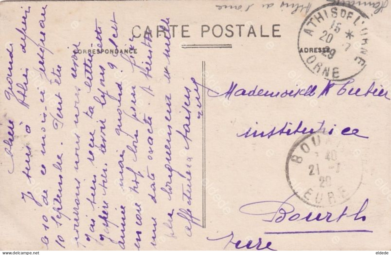 CP Athis Orne Queue Aronde Eglise Evangélique  Beau Cachet 1929 Vers Institutrice Bourth Eure - Athis De L'Orne