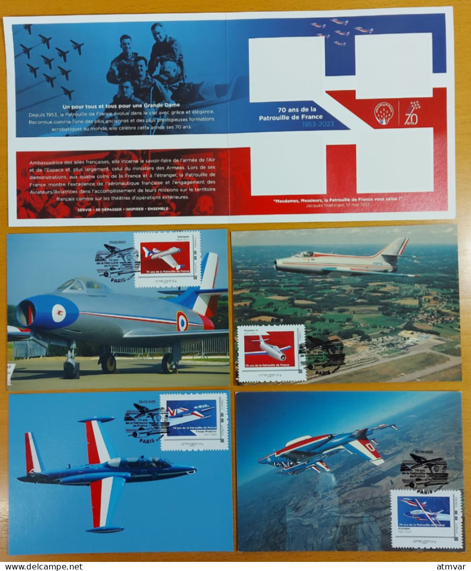 FRANCE (2023) Cartes Maximum Cards 70 Ans Patrouille France Avion Airplane Ouragan, Mystère IV, Fouga Magister, Alphajet - 2020-…