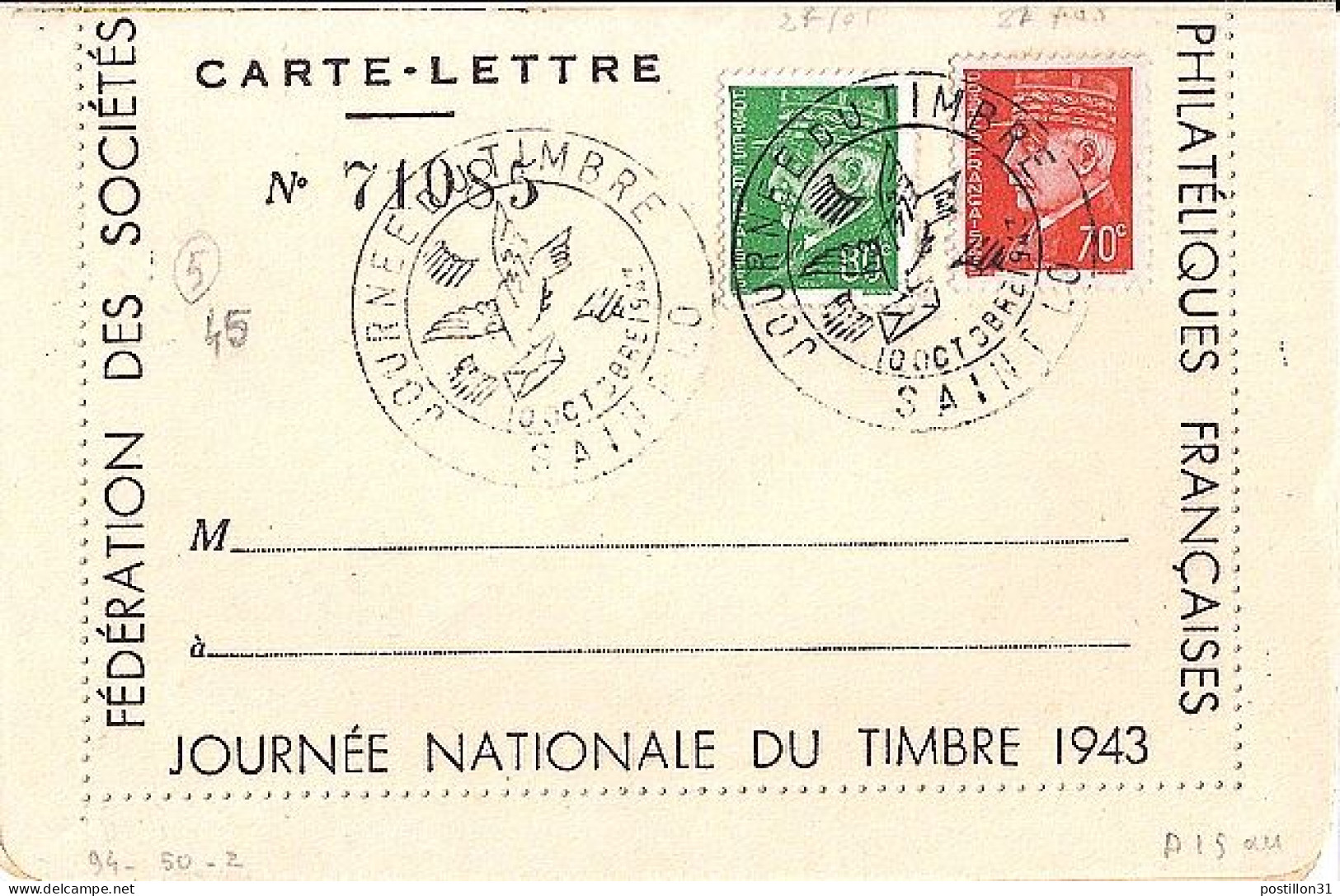 PETAIN N° 511 S/CARTE LETTRE OFF. DE ST LO/JOURNEE DU TP/10.10.43 - 1941-42 Pétain