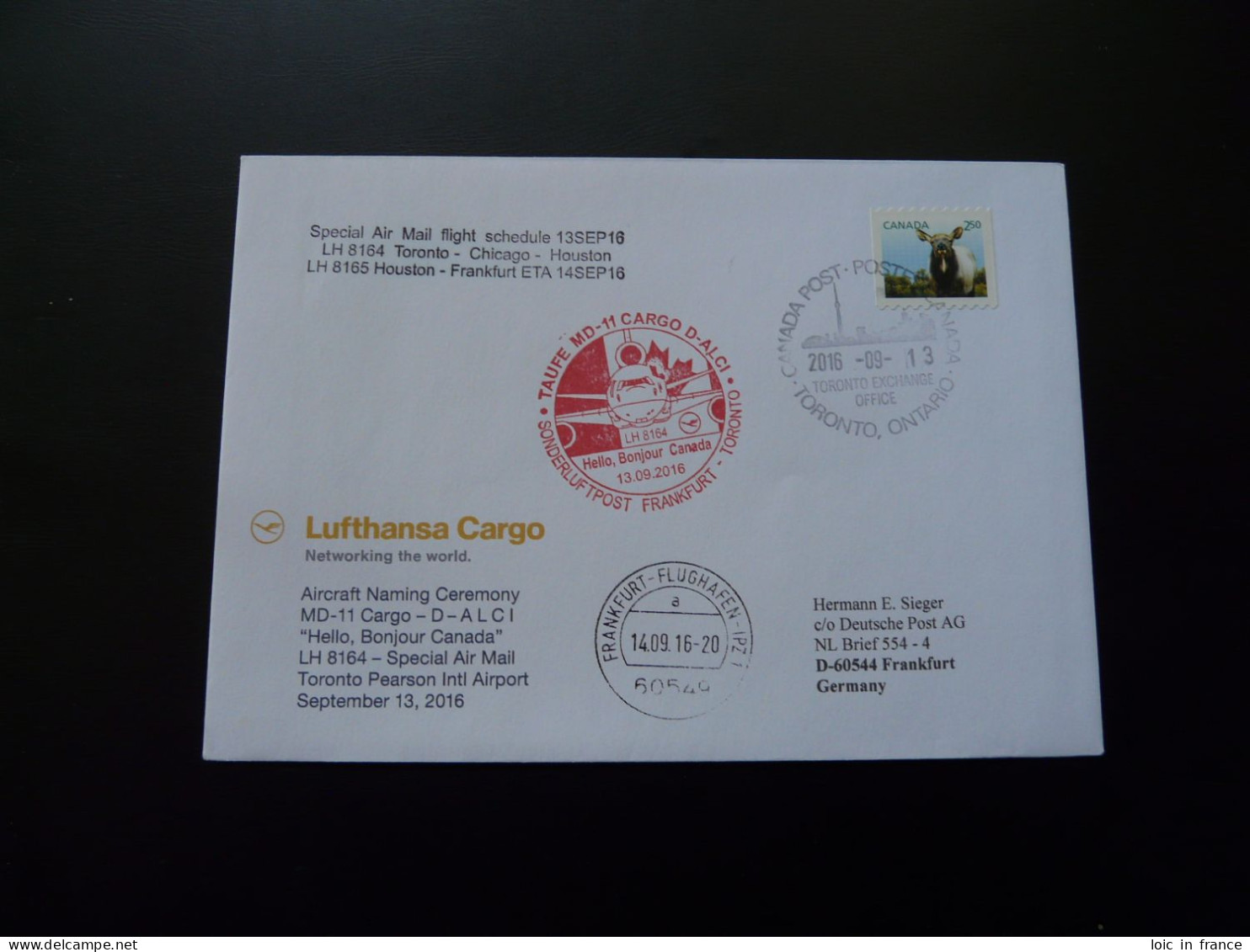 Lettre Premier Vol First Flight Cover Toronto Frankfurt MD11 Cargo Lufthansa 2016 - Eerste Vluchten