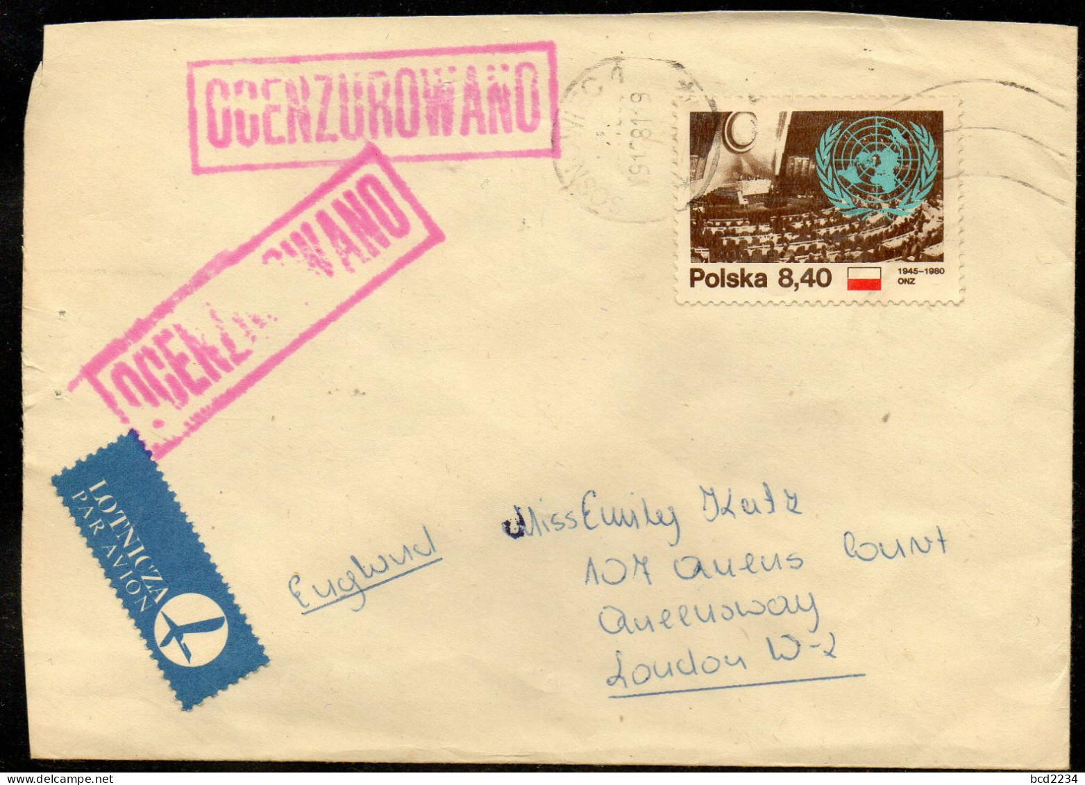 POLAND 1981 SOLIDARITY SOLIDARNOSC PERIOD MARTIAL LAW OCENZUROWANO CENSORED MAUVE CACHET WITH NO NUMBER SOSNOWIEC TO UK - Lettres & Documents