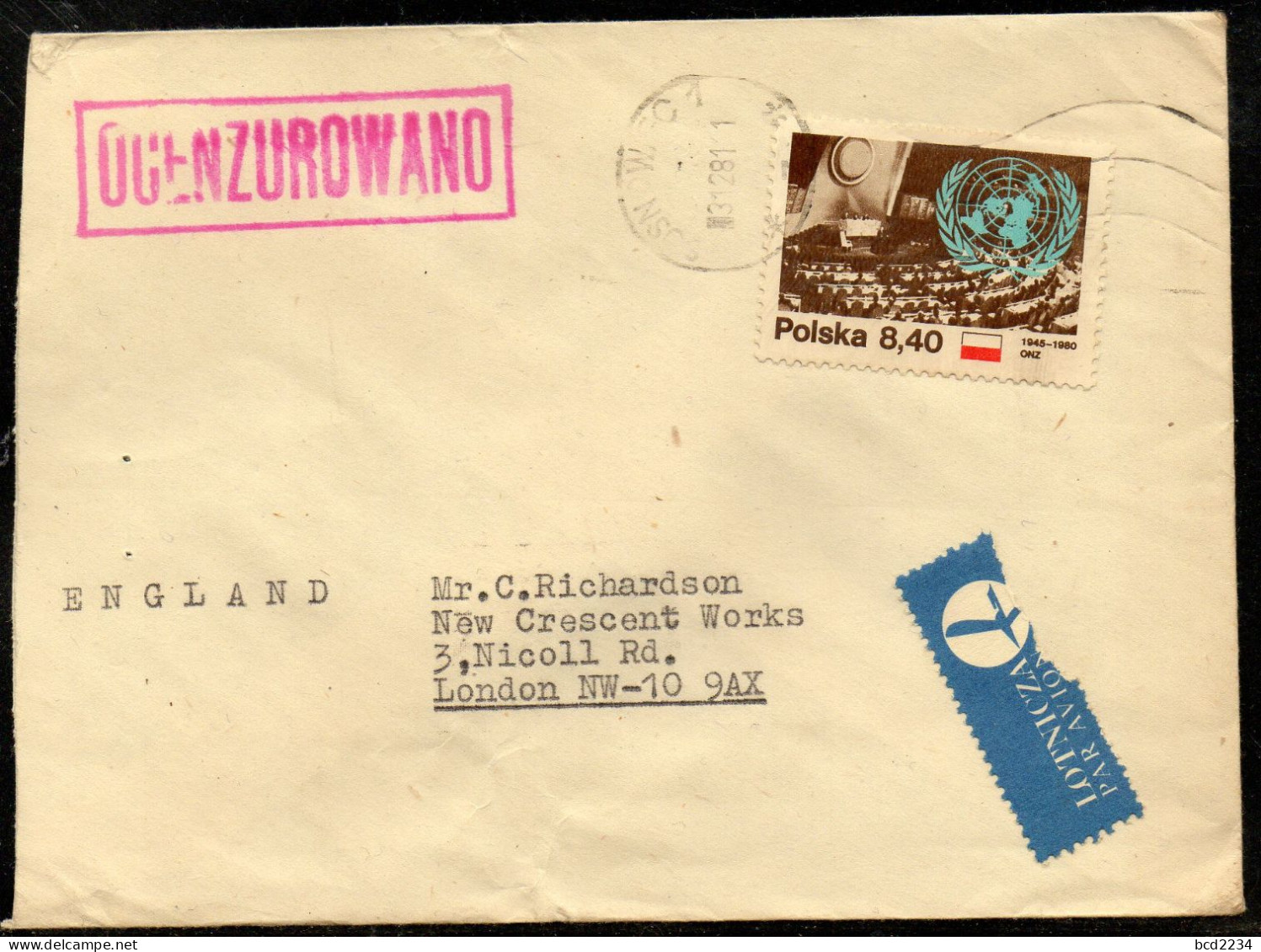 POLAND 1981 SOLIDARITY SOLIDARNOSC PERIOD MARTIAL LAW OCENZUROWANO CENSORED MAUVE CACHET WITH NO NUMBER SOSNOWIEC TO UK - Lettres & Documents