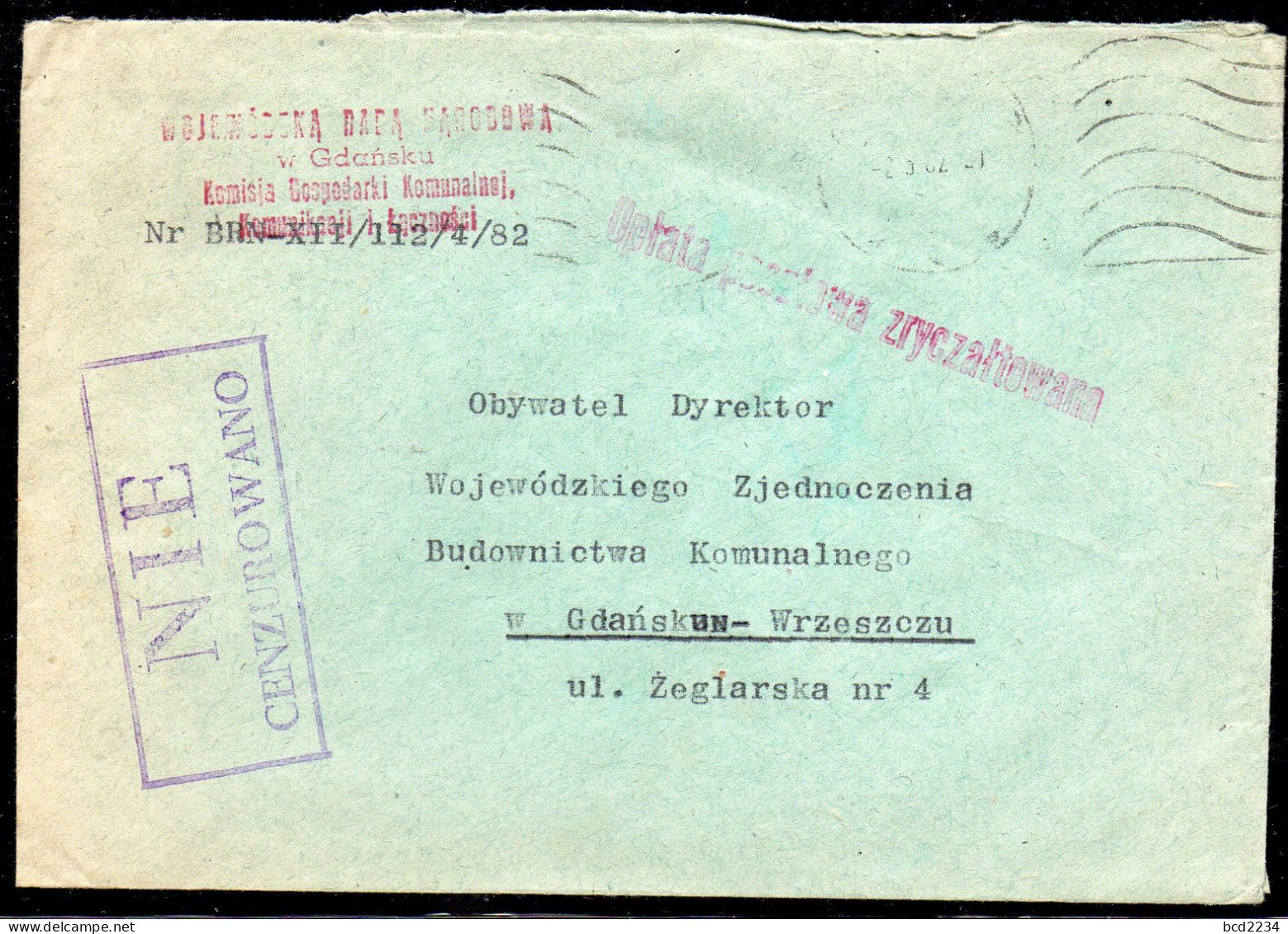 POLAND 1982 SOLIDARITY SOLIDARNOSC PERIOD MARTIAL LAW NIE CENZUROWANO NOT CENSORED VIOLET CACHET GDANSK TO GDANSK - Briefe U. Dokumente