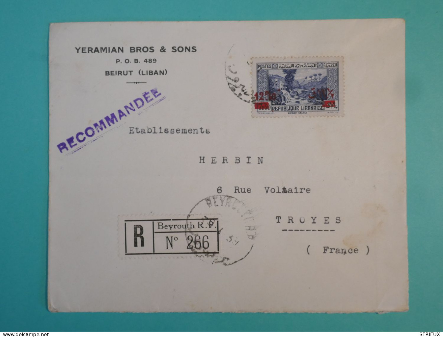 DK 11  LIBAN   BELLE LETTRE  PRIVEE RECO 1931   BEIRUT   A TROYES  FRANCE  +SURCHARGE +AFF. INTERESSANT++ ++ + - Cartas & Documentos