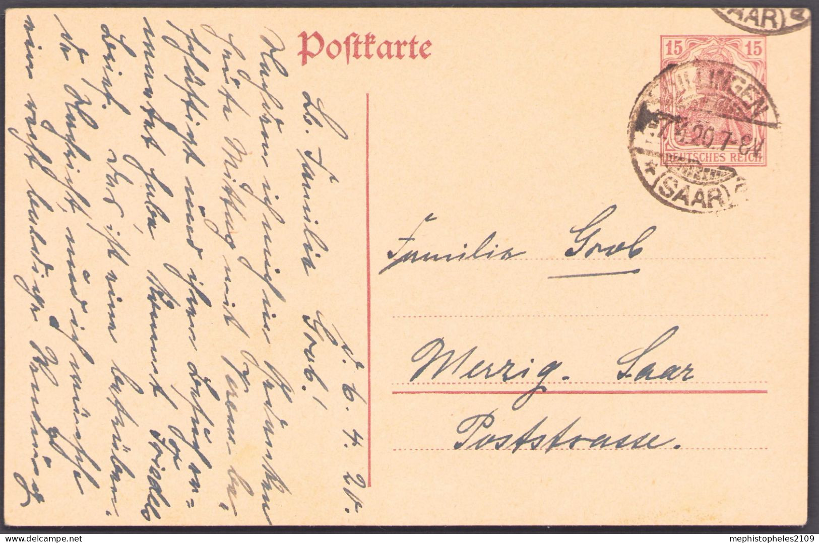 SAARGEBIET 1920 - Postkarte Gebraucht 15pf - Postal Stationery