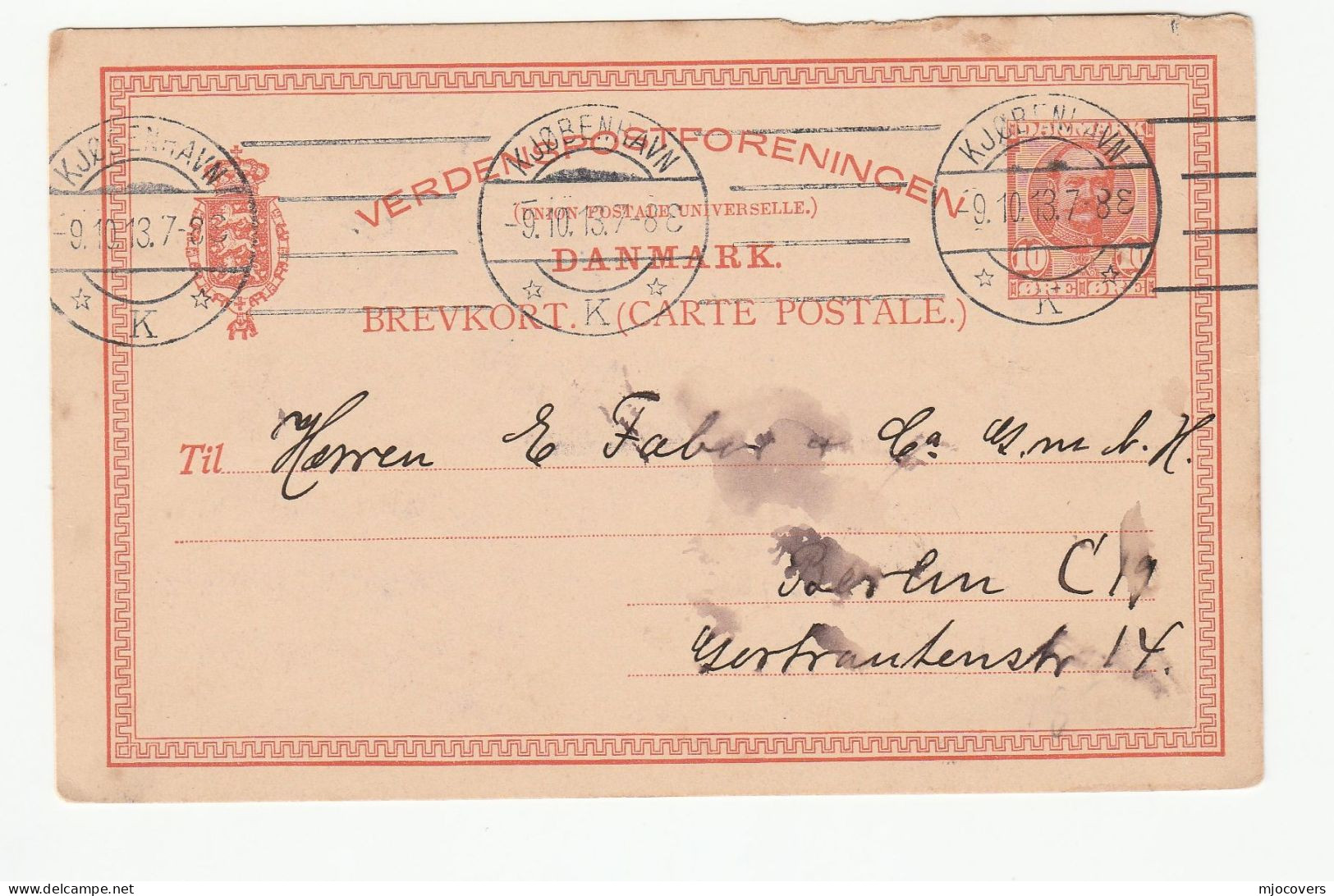 1913 Denmark POSTAL STATIONERY Card To Berlin Germany Cover - Interi Postali