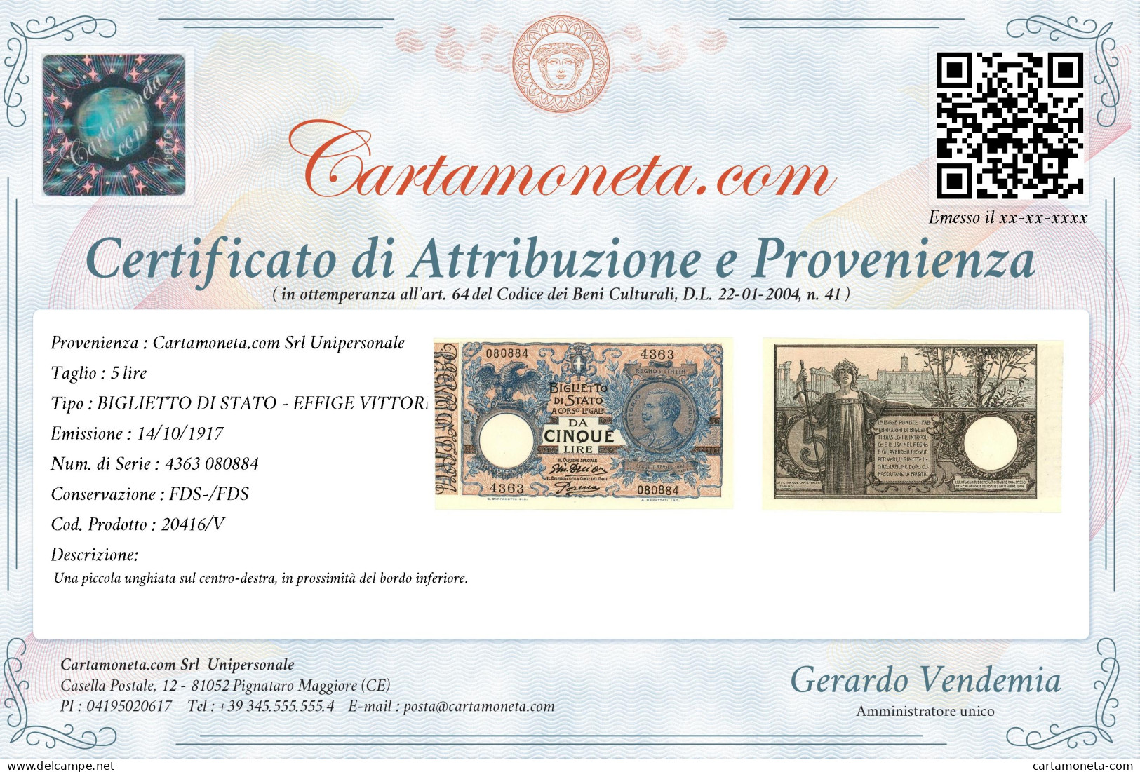 5 LIRE BIGLIETTO DI STATO VITTORIO EMANUELE III FLOREALE 14/10/1917 FDS-/FDS - Sonstige