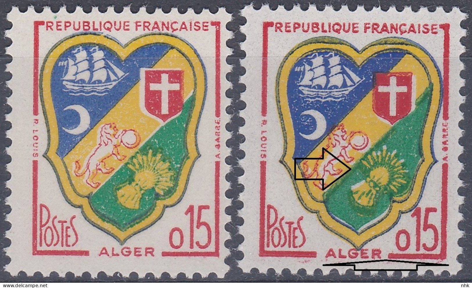 18157 Variété : N° 1232 Blason Alger Impression Doublée Du Vert + Normal  ** - Neufs