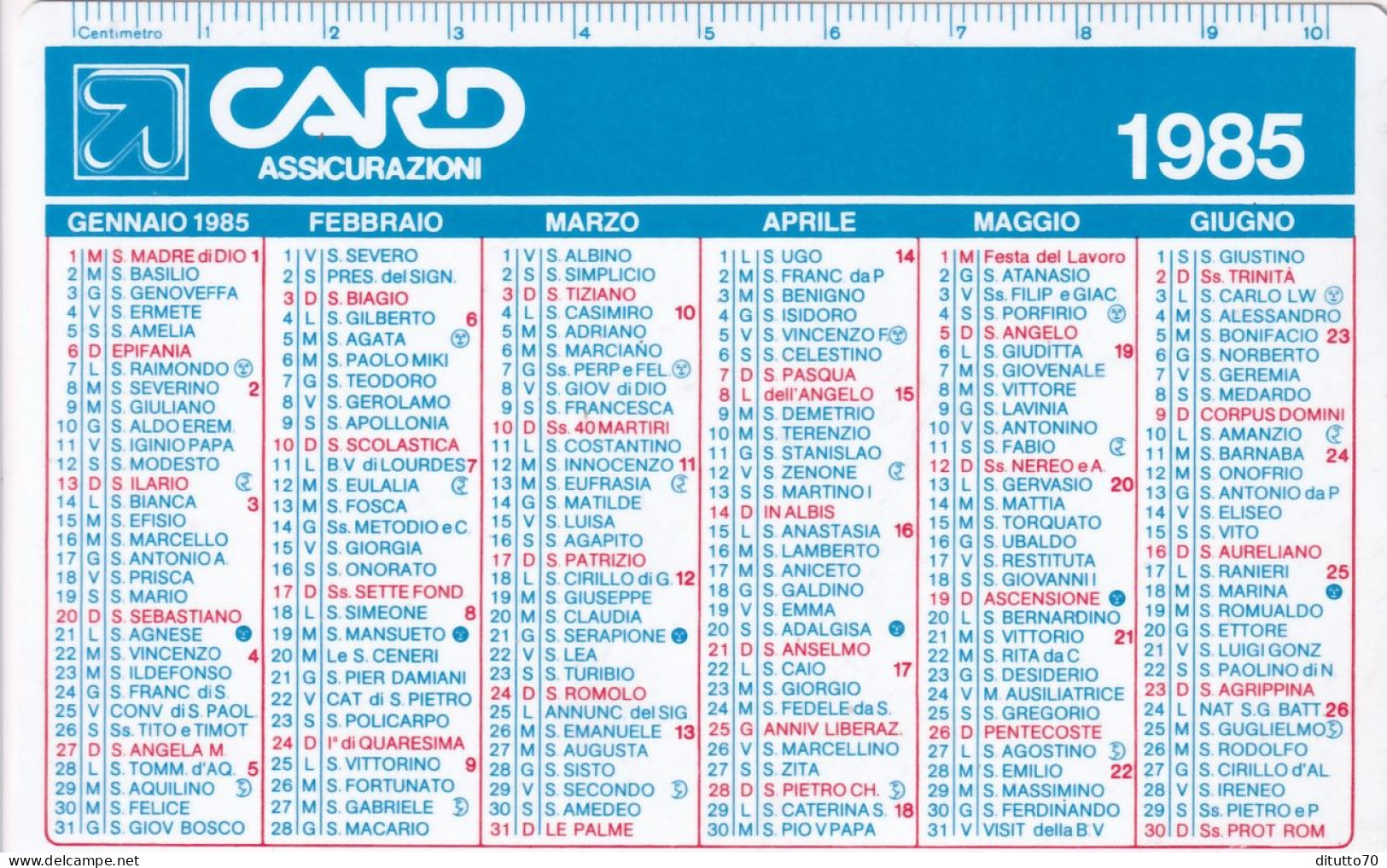 Calendarietto - Card - Assicurazioni - Milano - Anno 1985 - Petit Format : 1981-90