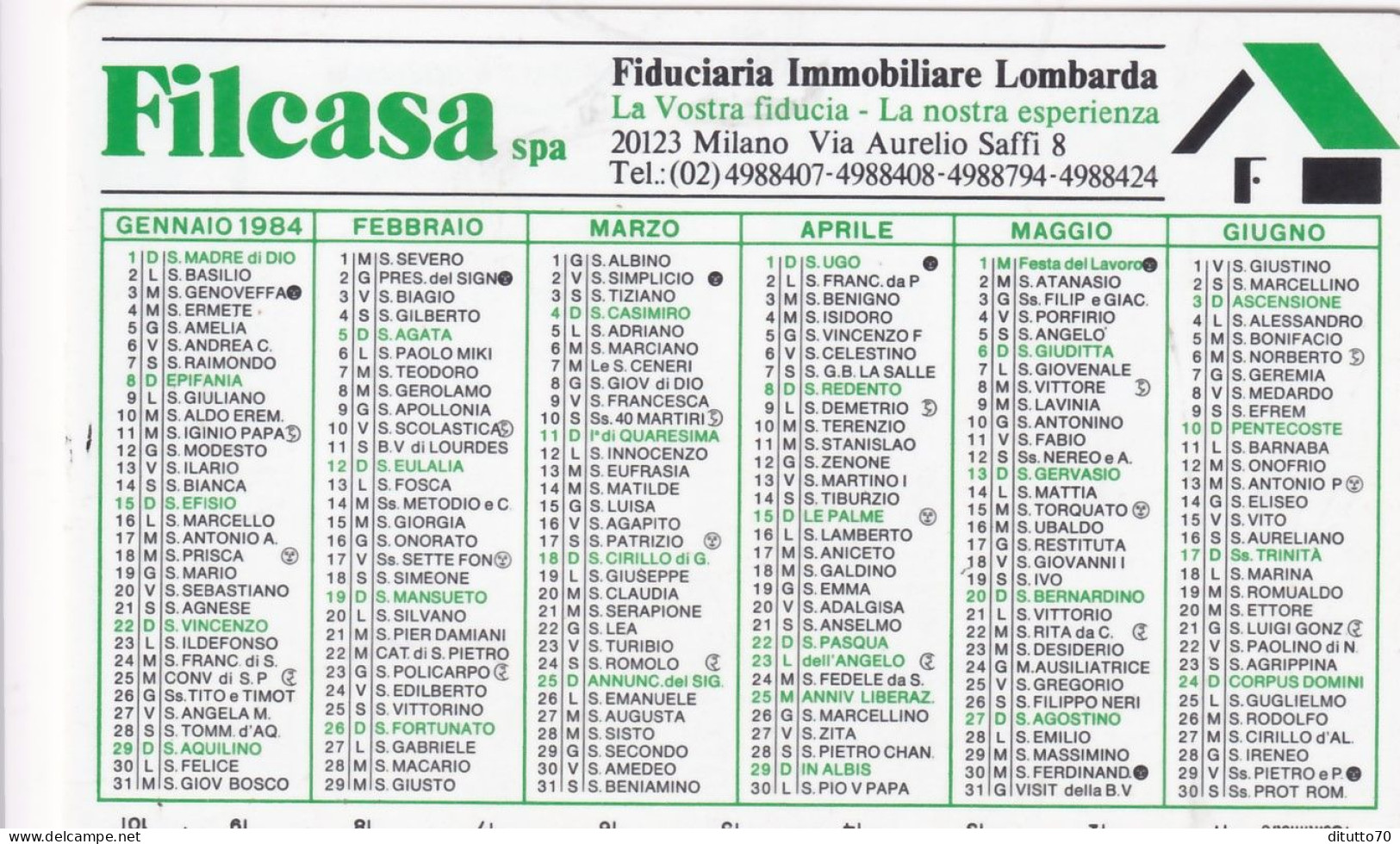 Calendarietto - Filcasa - Milano - Anno 1984 - Petit Format : 1981-90