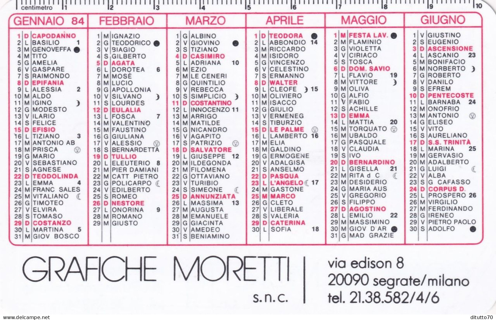 Calendarietto - Grafiche Moretti - Segrate - Milano - Anno 1984 - Petit Format : 1981-90