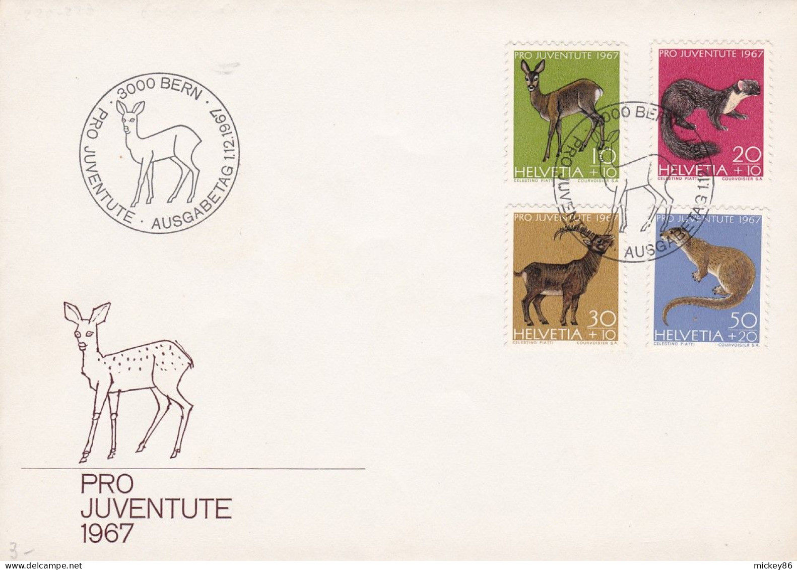 Suisse - 1967 --FDC  PRO JUVENTUTE ...  ( 4 Valeurs) ....biche.....cachet  BERN - FDC