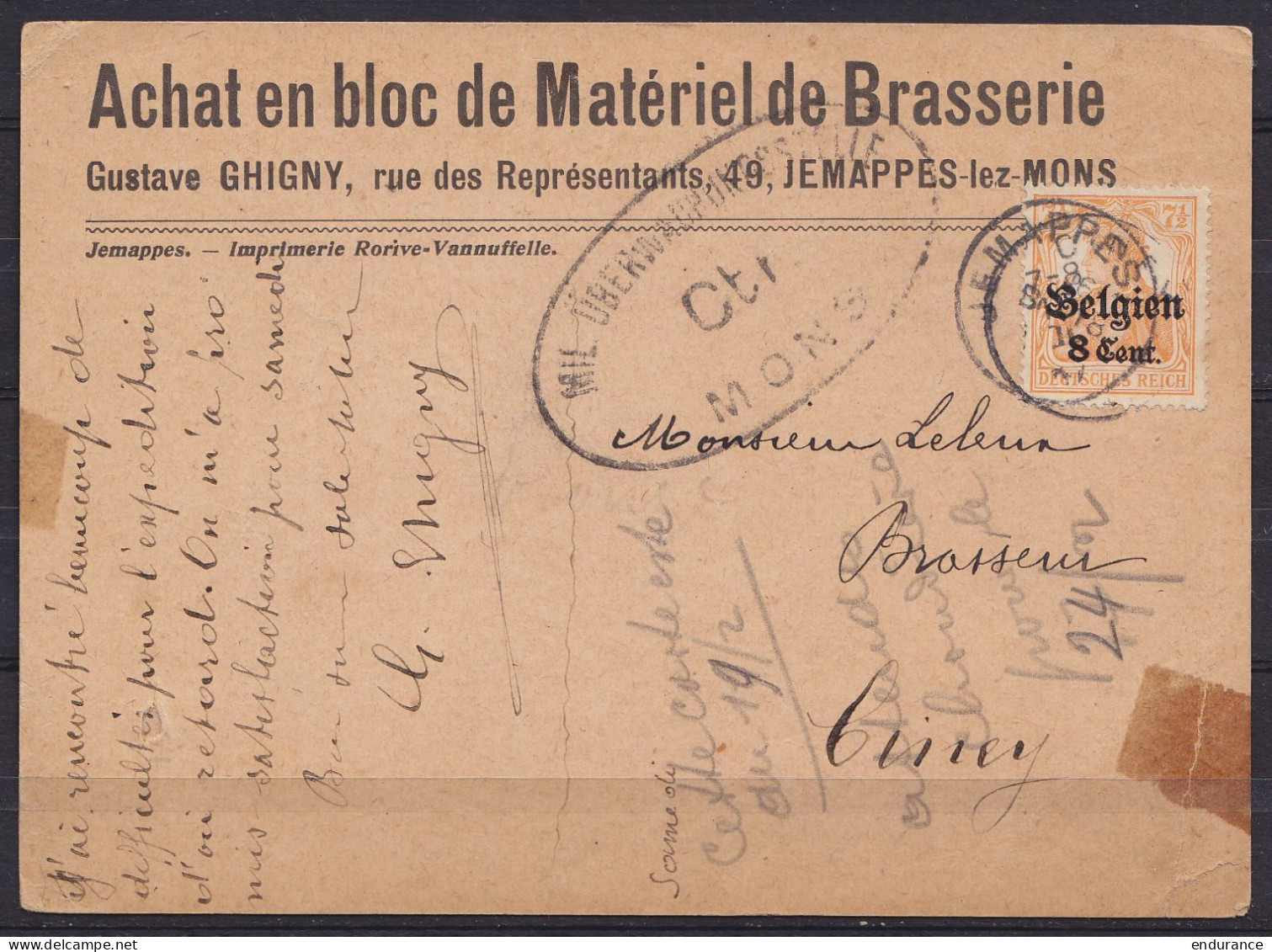 CP Pub "Achat En Bloc De Matériel De Brasserie Ghigny" Affr. OC13 Càd JEMAPPES /191? Pour Brasseur à CINEY - Cachet Cens - Other & Unclassified