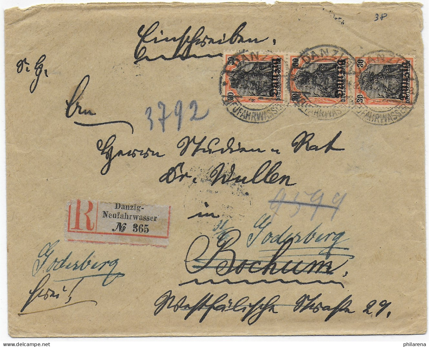 Einschreiben Danzig Neufahrwasser, 1920 Nach Bochum, Weiterleitung Godesberg - Covers & Documents