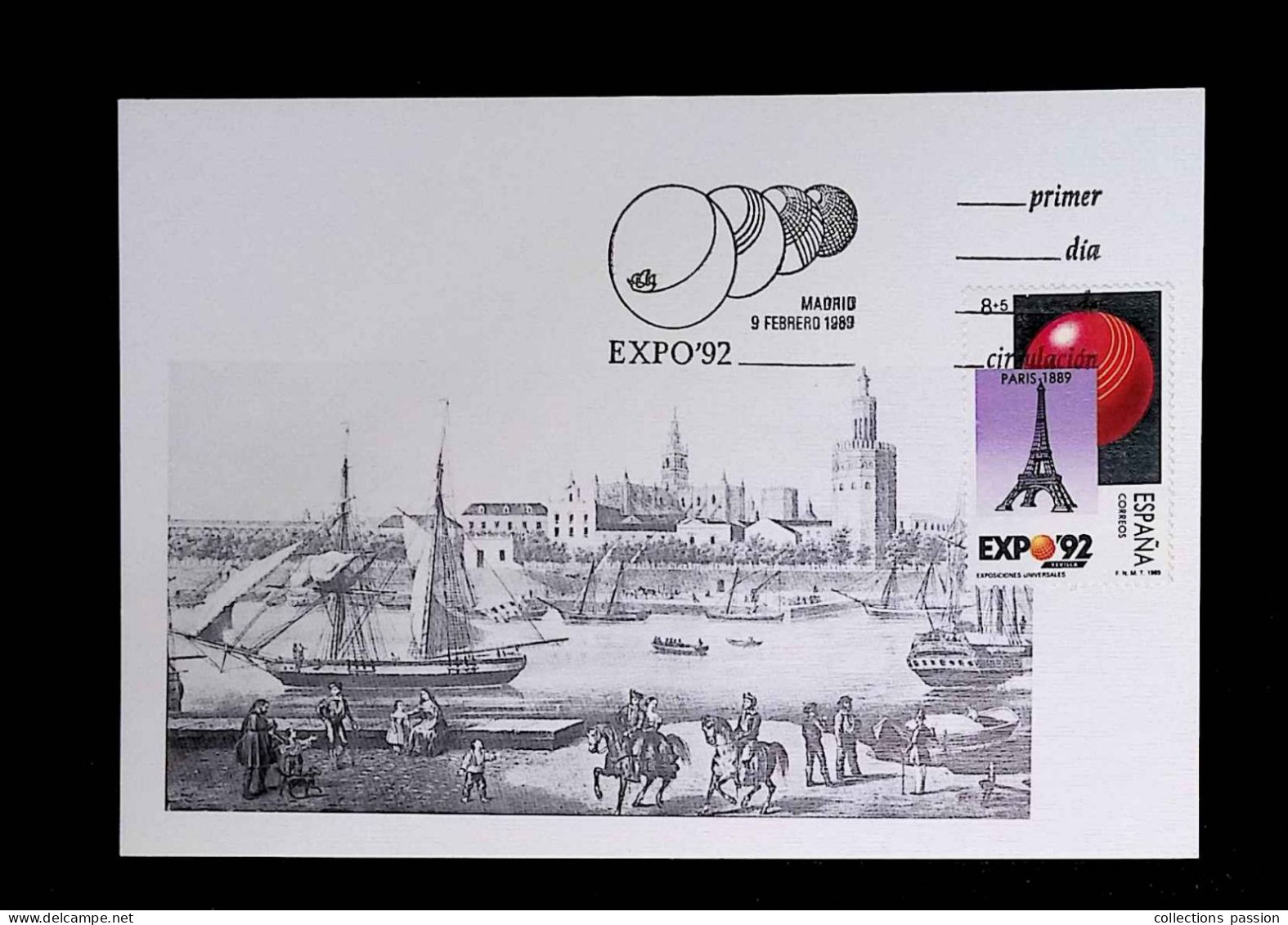 CL, Carte Maximum, Espagne, Madrid, 9 Febrero 1989, Expo'92 Sevilla, Exposiciones Universales - Maximum Kaarten