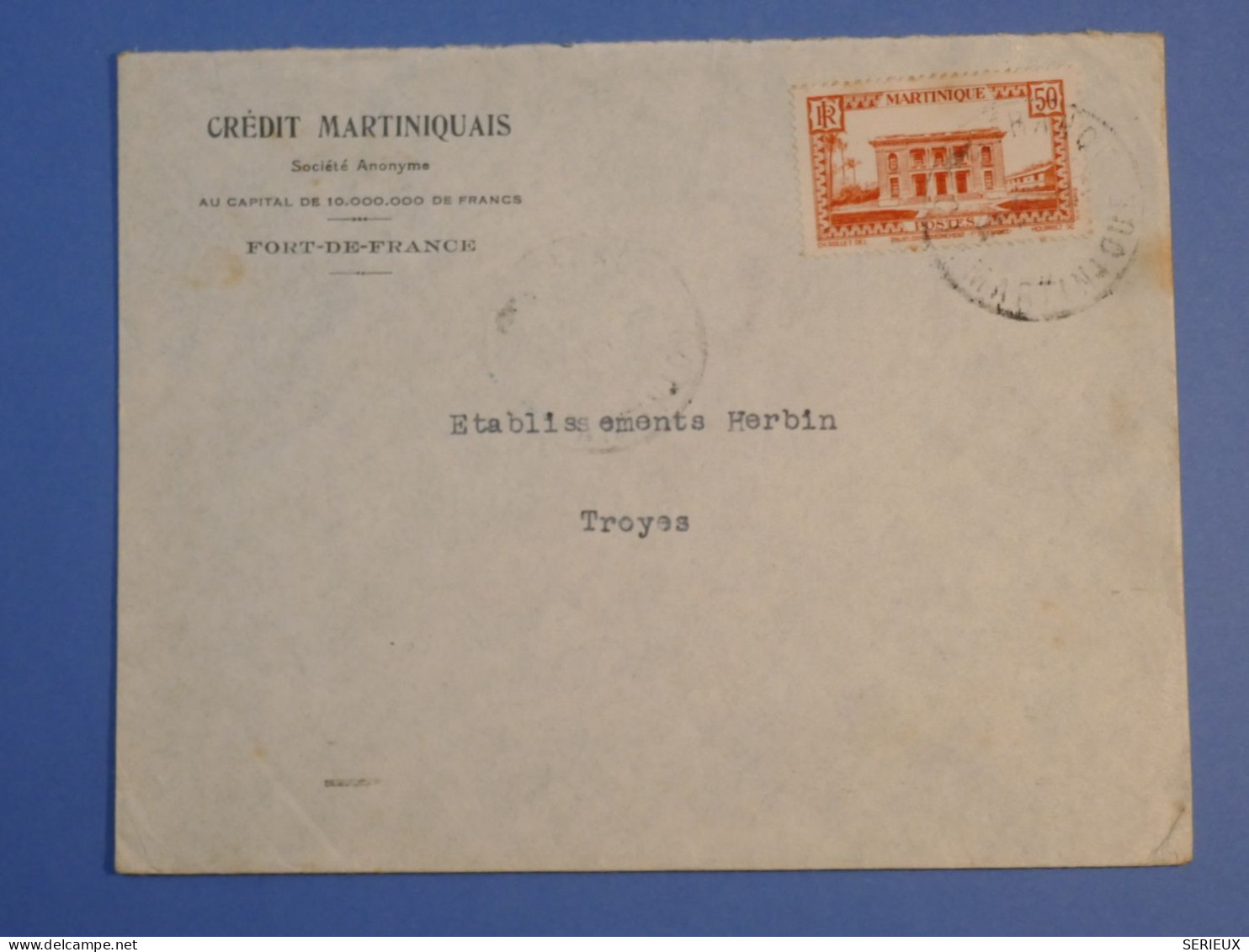 DK 12 MARTINIQUE   BELLE LETTRE     BANQUE 1935 A TROYES  FRANCE ++AFF. INTERESSANT++++ + - Storia Postale