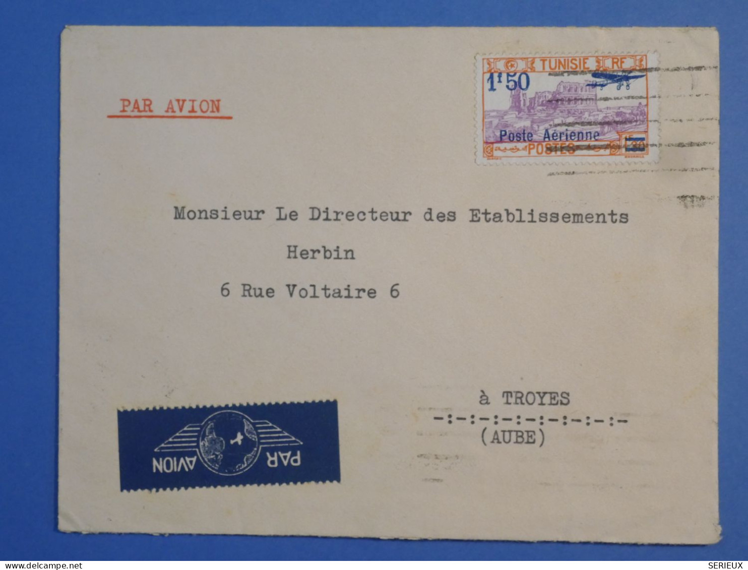 DK 12 TUNISIE  BELLE   LETTRE . 1935  TUNIS  A  TROYES  FRANCE+P.AERIEN  +AFF. INTERESSANT++++ + - Brieven En Documenten