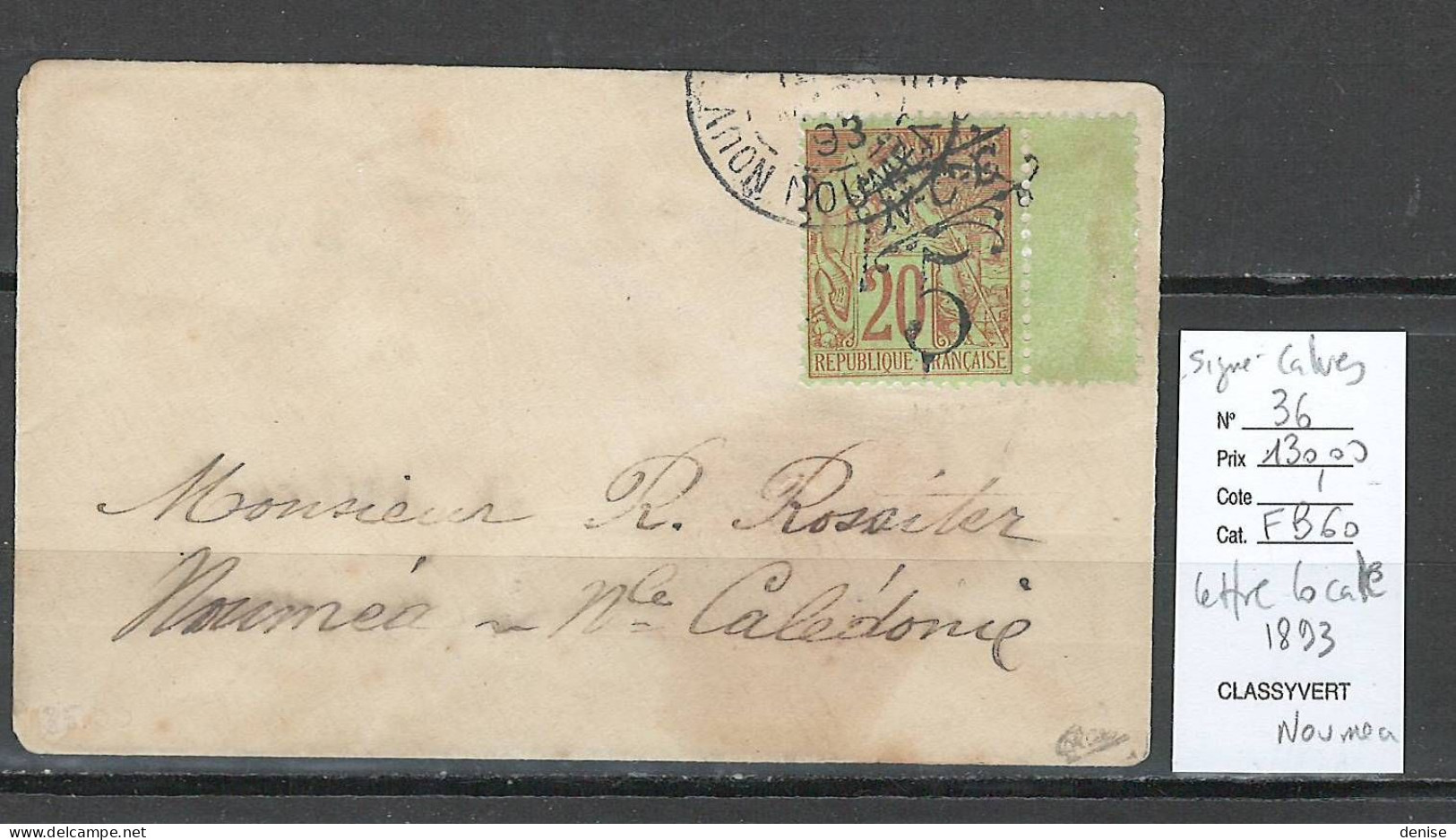 Nouvelle Calédonie - Lettre Locale - Yvert 36 - - Nouméa - 1893 - Lettres & Documents