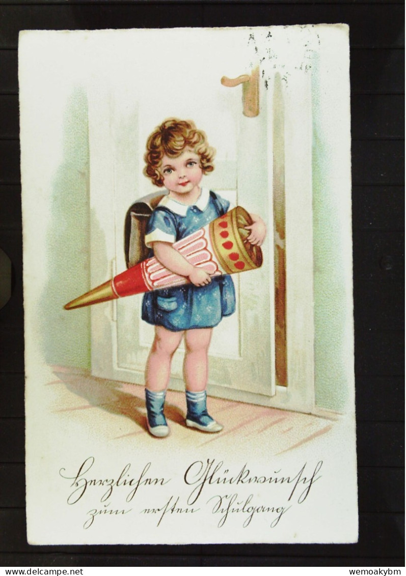 Grußkarte- Zeichnung: "Einschulung" Mädchen Mit Zuckertüte Um 1930 -  BM Abgelöst - Einschulung