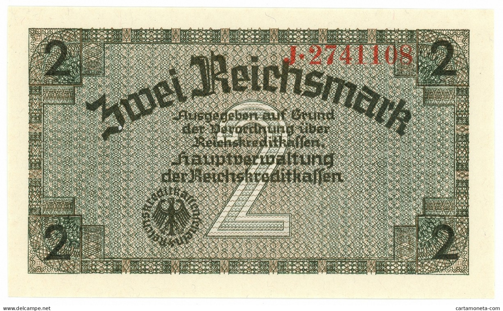 2 REICHSMARK OCCUPAZIONE TEDESCA ITALIA REICHSKREDITKASSEN 1943 FDS - Occupation Alliés Seconde Guerre Mondiale