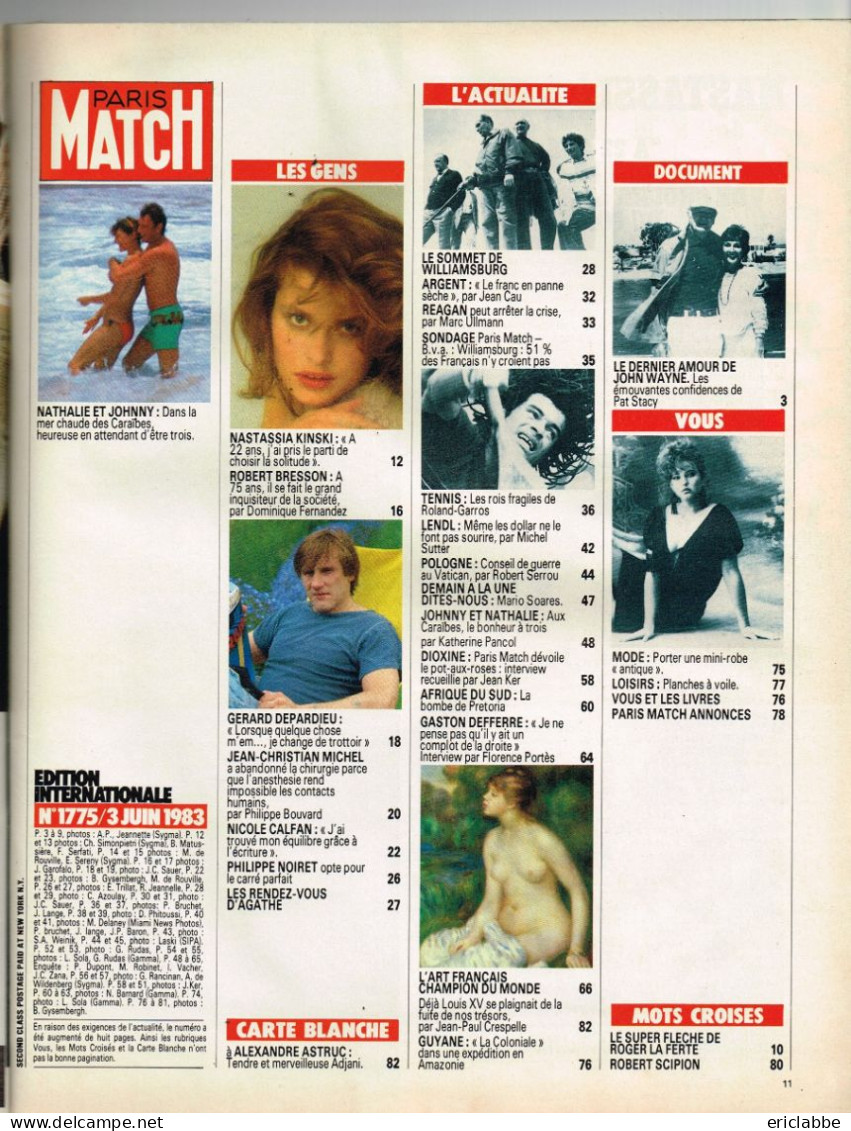 PARIS MATCH N°1775 Du 03 Juin 1983 Johnny Hallyday Et Nathalie Baye - Tableaux Records - Dioxine - Defferre - Allgemeine Literatur