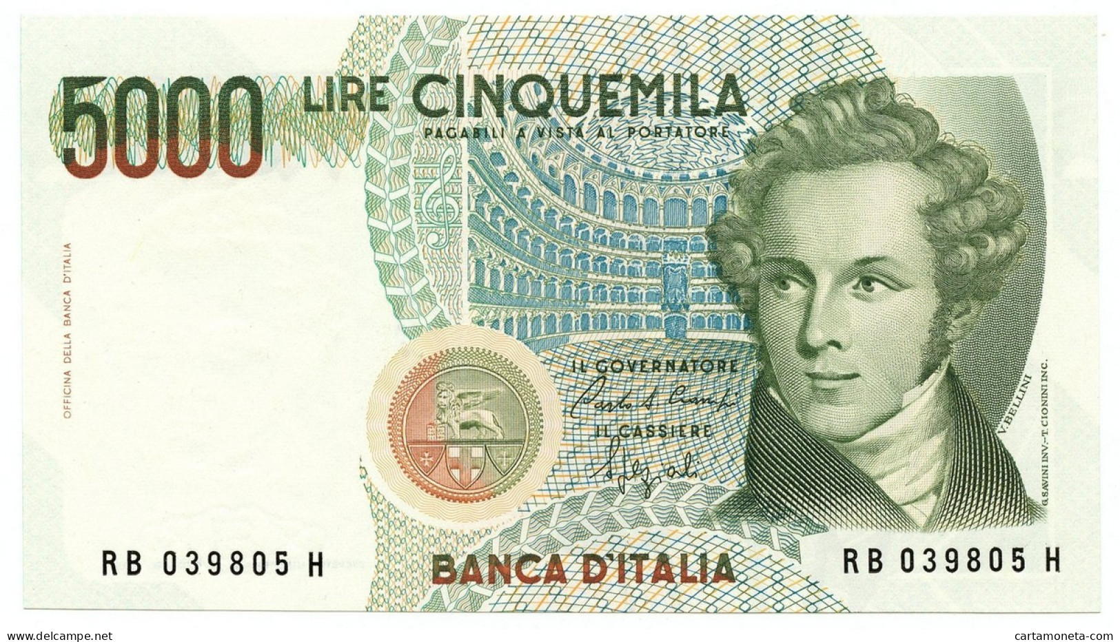 5000 LIRE BANCA D'ITALIA VINCENZO BELLINI LETTERA B 12/01/1988 FDS - Otros & Sin Clasificación