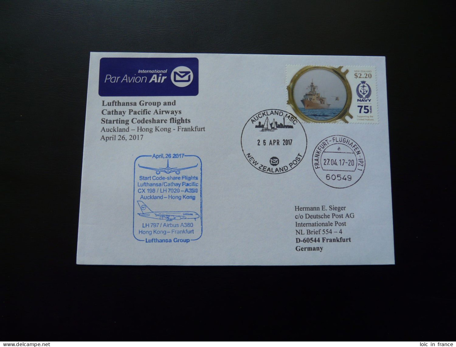 Lettre Premier Vol First Flight Cover Auckland To Frankfurt Airbus A350 Lufthansa Cathay Pacific 2017 - Brieven En Documenten