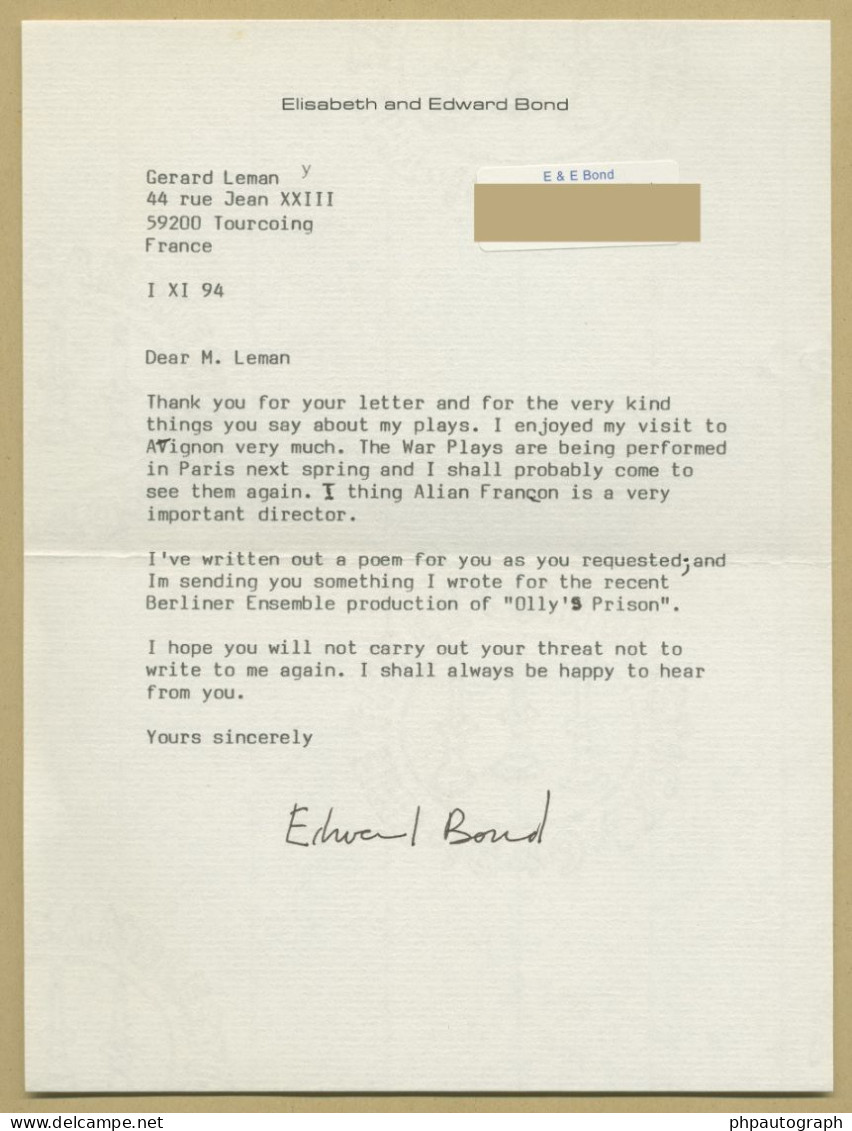 Edward Bond (1934-2024) - English Playwright - Authentic Signed Letter + Photo - 1994 - Schrijvers
