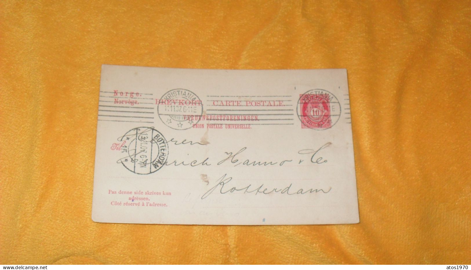 CARTE POSTALE ANCIENNE DE 1907../ CACHETS KRISTIANIA NORVEGE POUR ROTTERDAM..+ TIMBRE ENTIER - Lettres & Documents