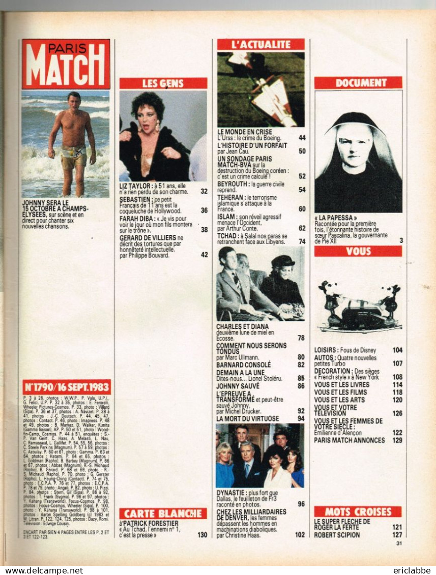 PARIS MATCH N°1790 Du 16 Septembre 1983 Johnny Hallyday - Crise Sur Le Monde - Dynastie, Feuilleton TV - Allgemeine Literatur