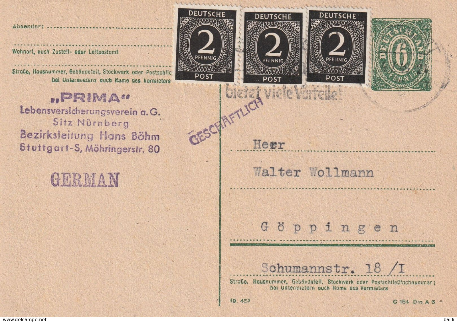 Allemagne Zone AAS Entier Postal Stuttgart 1946 - Postal  Stationery