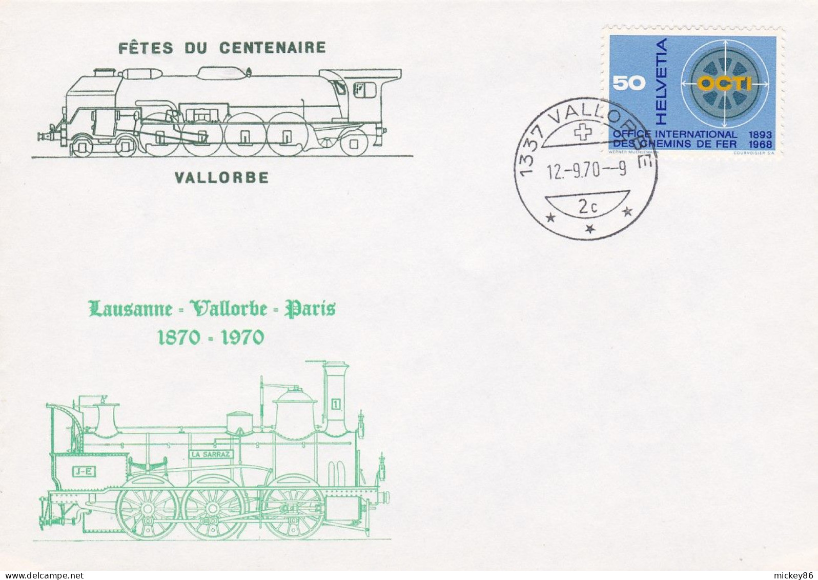 Suisse - 1970 -Souvenir-- 100 Ans Ligne Lausanne-Vallorbe-Paris(chemin De Fer) Timbre...cachet  VALLORBE - Marcofilia