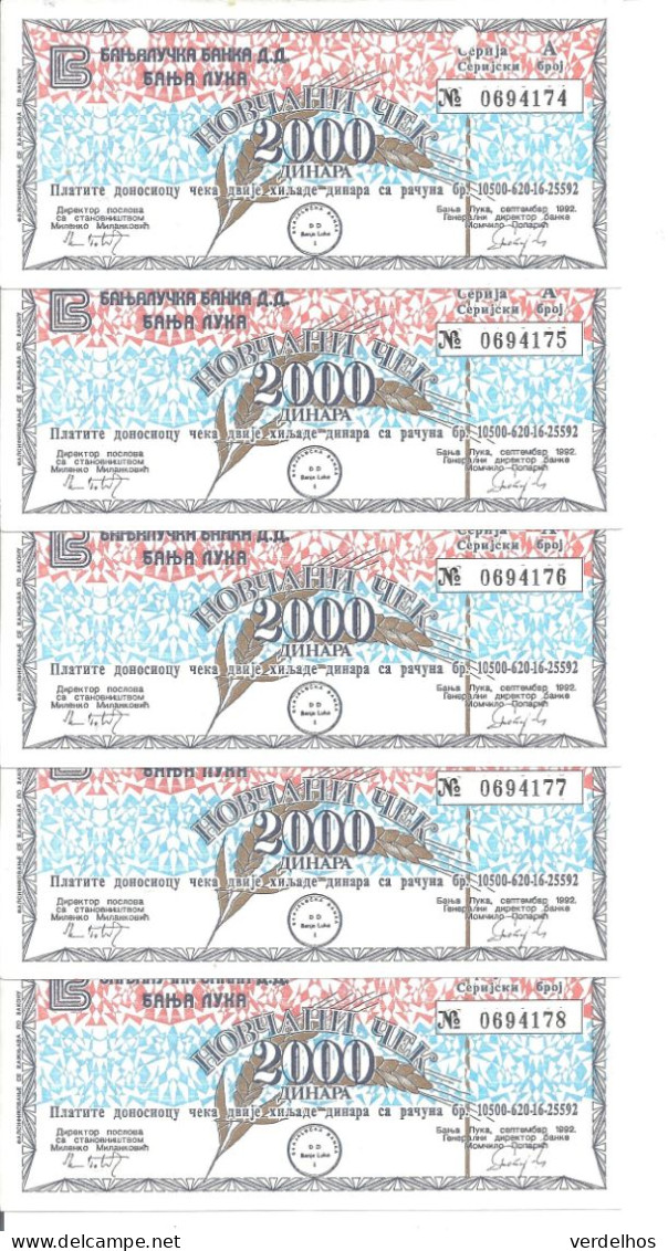 BOSNIE HERZEGOVINE 2000 DINARA 1992 XF++ MILITARY CHECK ( 5 Billets ) - Bosnie-Herzegovine