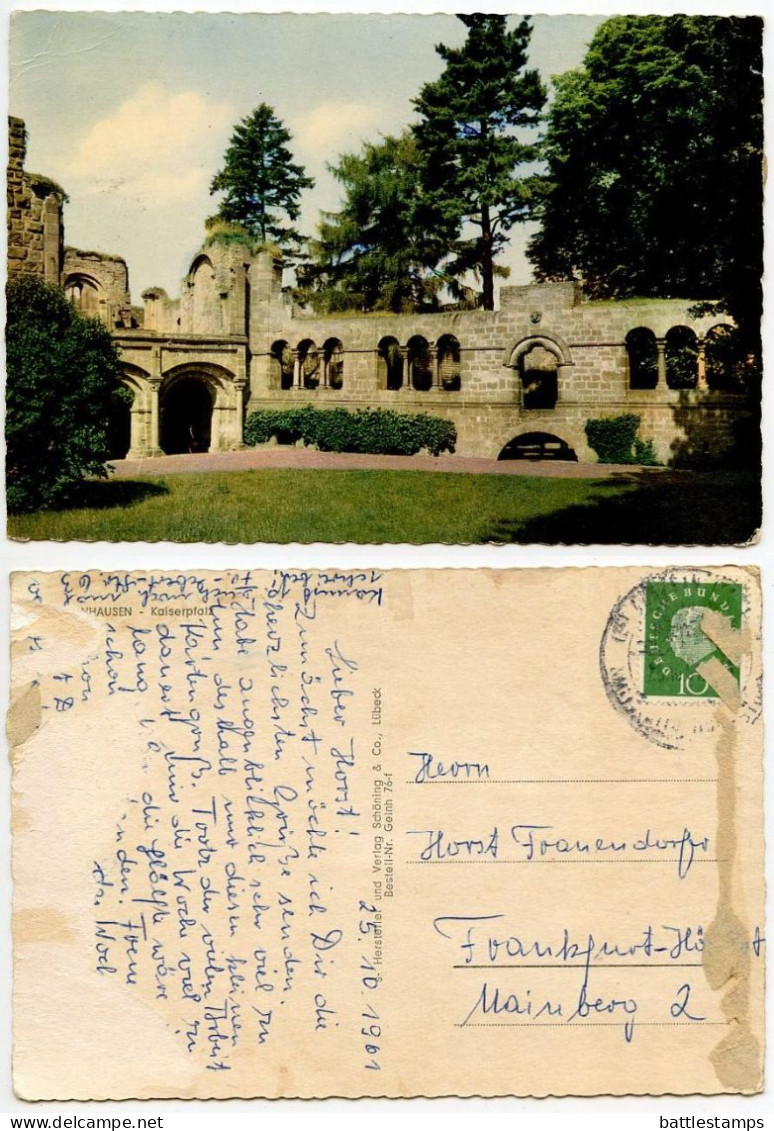 Germany, West 1961 Postcard Gelnhausen - Kaiserpfalz; 10pf. President Heuss Stamp - Gelnhausen