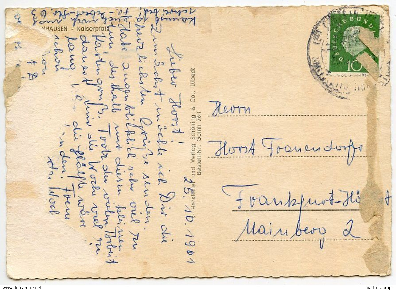 Germany, West 1961 Postcard Gelnhausen - Kaiserpfalz; 10pf. President Heuss Stamp - Gelnhausen