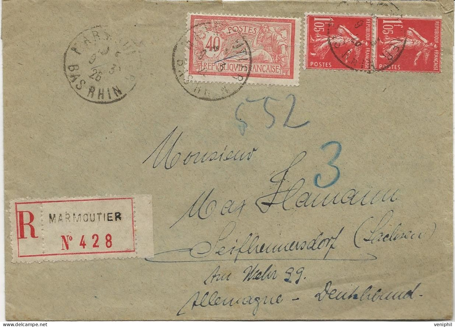 LETTRE  RECOMMANDEE AFFRANCHIE  N° 119 + N° 195 X 2   OBLITEREE CAD MARMOUTIER  ANNEE 1926 - Cartas & Documentos