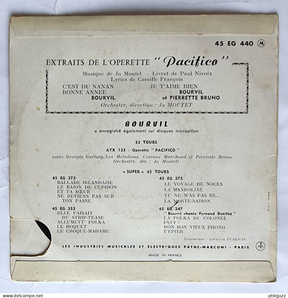 DISQUE BOURVIL PACIFICO PATHE EG440 45T 1959 - Opéra & Opérette