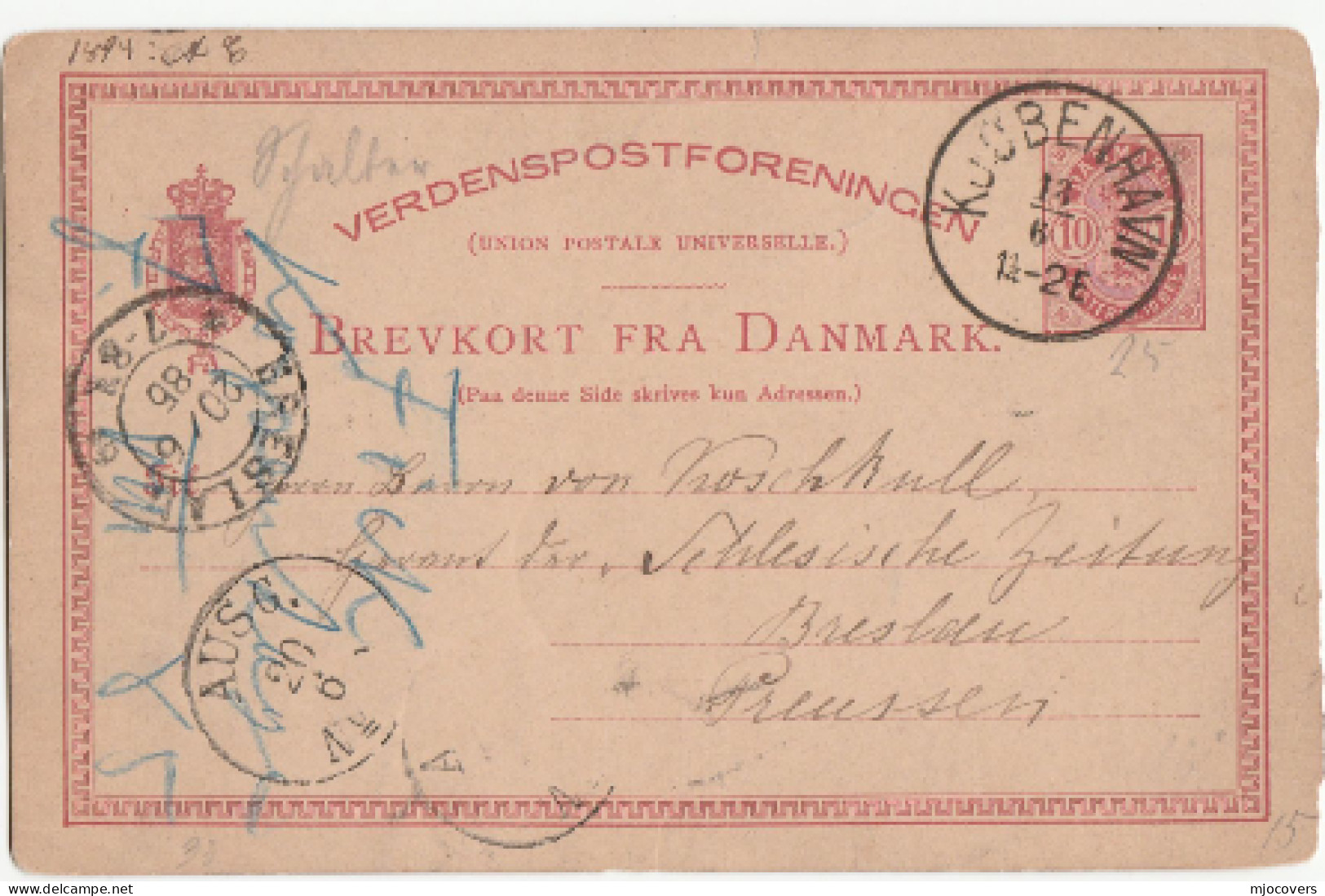 1885 - 1905  Denmark To Breslau Germany POSTAL STATIONERY CARDS Cover Card Stamps - Covers & Documents