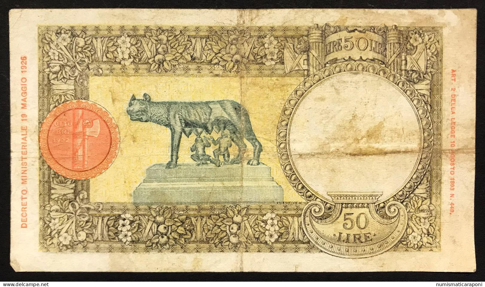 50 LIRE LUPA CAPITOLINA FASCIO II° TIPO ROMA 24 01 1942 BEL BIGLIETTO Naturale LOTTO 332 - 50 Liras